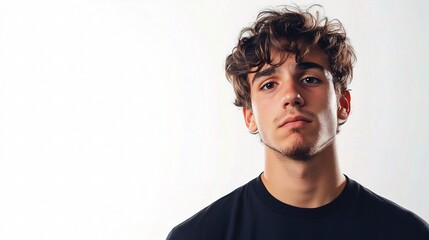 Fototapeta premium Portrait of a young man with curly hair and a serious expression, isolated on a white background for creative and commercial use in stock photography