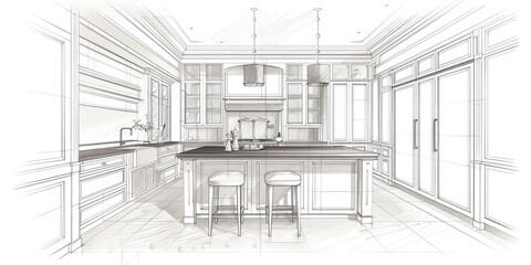 An interior design sketch with artistic lines of a bohemian living space