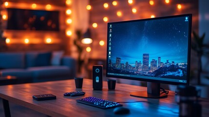 Modern Home Office with Smart Device Setup. Generative AI