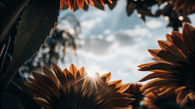 Sunflower blossoms reaching toward the sky with sunlight filtering through.