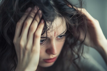 Stressed individual looking in mirror, symbolizing stress as a factor in hair loss, emotional moment.