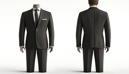 A formal suit displayed from front and back views, showcasing professional attire.