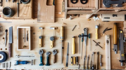 A sleek woodworking setup in a modern workshop, Woodworking tools and materials precisely placed, Industrial minimalist style