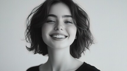 Fototapeta premium Brightly Smiling Young Woman Posing in a Minimalist Setting with Natural Light, Capturing Joy and Positivity in a Portrait Style for Stock Photography Needs
