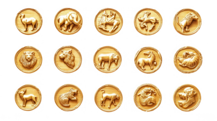Golden Symbols of Twelve Zodiac Animals for Chinese New Year Festival, Isolated on White, PNG File, Transparent Background