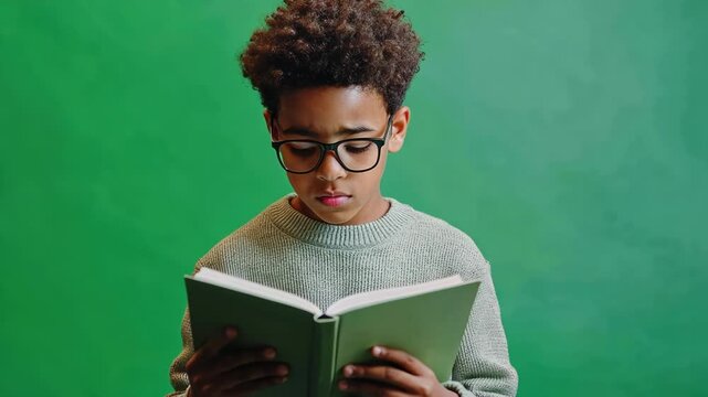 Young boy wearing glasses is completely absorbed in reading a book, his brow slightly furrowed in concentration against a green screen background
