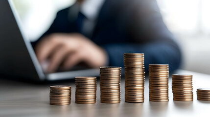 A stack of coins on a table with a person or investor typing on a laptop. Long-term investment and growing returns. Money Management.
