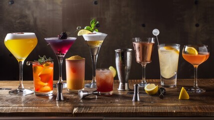 A sophisticated cocktail mixing class with bar tools and ingredients, Mixologists crafting signature cocktails, Mixology education style