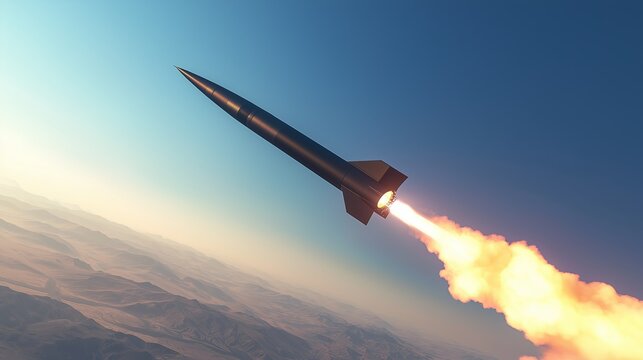 A missile launches from a desert landscape, leaving a trail of fire in the sky