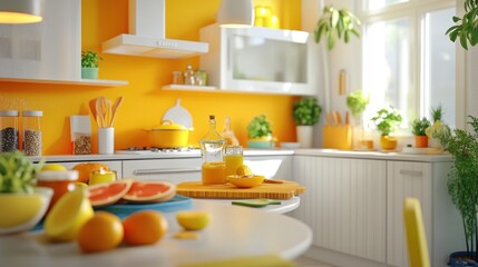 A bright kitchen with fresh fruits, drinks, and plants, creating a lively atmosphere.