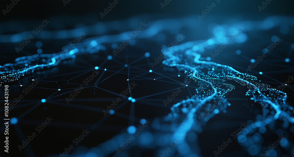 Poster A dark background with blue dots and lines forming a complex network, symbolizing digital connectivity and the intricate structures of modern communication systems.