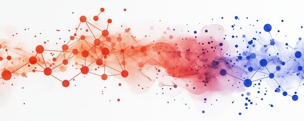 Obraz premium Quantum computing of cryptography concept. A vibrant abstract design featuring interconnected dots and lines in red and blue hues, symbolizing connection and data flow.