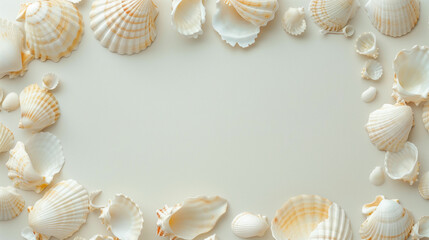 Obraz premium White seashells frame a blank white background