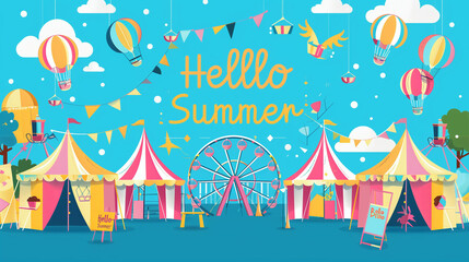 Fototapeta premium A vibrant summer carnival with colorful tents, hot air balloons, and a ferris wheel under a bright blue sky