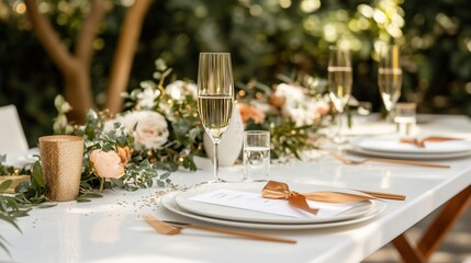 Fototapeta premium A table is set for an outdoor dinner with white plates, gold cutlery, and a champagne flute