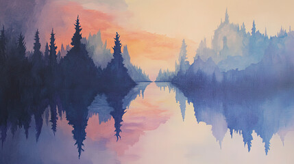 Rideaux Serene twilight landscape with ethereal pine trees and reflections