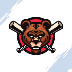 Bear Head with Crossed Baseball Bats Vector Mascot Logo