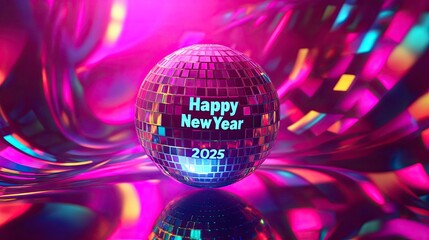 Reveling in New Year 2025 written in a funky retro font on a colorful disco-themed background with swirling patterns and vibrant colors, invoking a nostalgic and fun atmosphere.