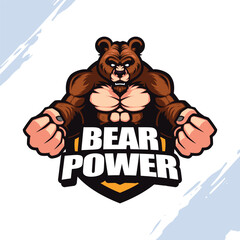 Strong Muscular Wild Brown Bear Grizzly Vector Mascot Logo