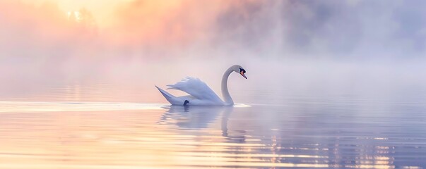 Obraz premium Elegant Swan on Serene Lake at Sunset