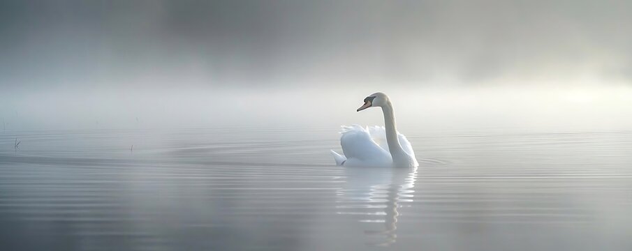 Elegant Swan in Foggy Lake