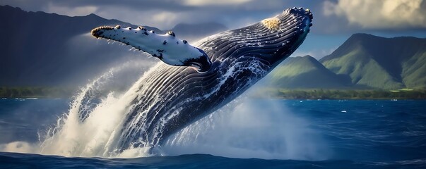 Obraz premium Humpback Whale Breaching in Ocean with Mountain Background