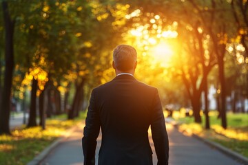 Obraz premium Confident middle-aged businessman in dark suit walking away on a tree-lined avenue, sunset with golden hues, calm demeanor, close-up 1