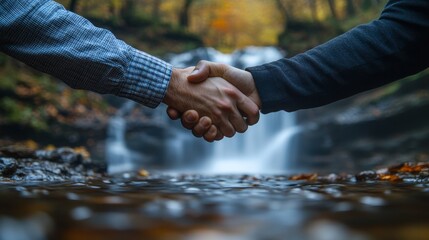 Business partners shaking hands near a waterfall close up, focus on, copy space Double exposure silhouette with handshake and rushing water