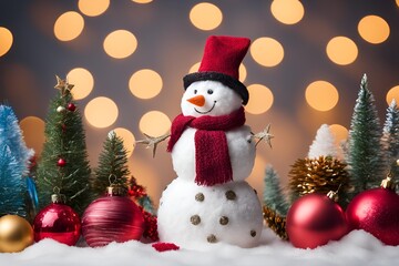 Obraz premium Snowman surrounded by lights and holiday decorations