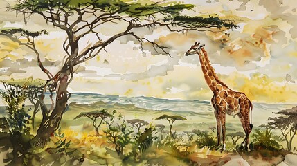 Obraz premium Giraffe in African Savanna Watercolor Painting
