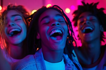 Close-up of teens cheering and singing in a lively karaoke birthday party, bright neon lights, joyful faces, mixed ethnicities, capturing the thrill of friendship and celebration 1