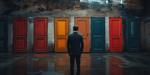 businessman think to choose the right door There are many doors in front of him