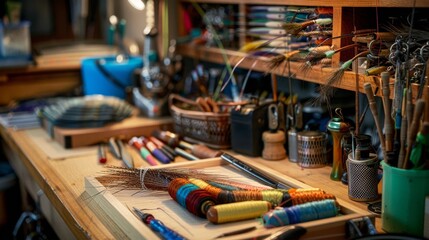 A tidy fly-tying bench with intricate flies and tools, featuring a well-organized workstation with a variety of colorful fly-tying materials and tools, Intricate and focused crafting space