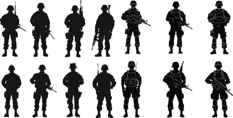 Silhouetted U.S. Army Troops in Combat Stance,Patriotic Silhouettes of USA Army Soldiers