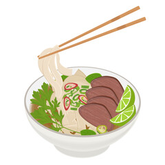 Vector Illustration Logo Clipart Ready to eat Vietnamese rice noodles with beef or Pho Noodles Pho bo