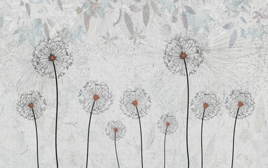 Naklejka premium 3d mural wallpaper. black dandelion and leaves in gray background.