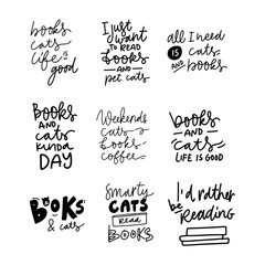 books and cats hand lettering illustration for your design. © veri13