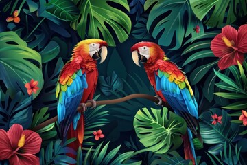 Obraz premium Tropical jungle scene with vibrant macaws perched on a branch amidst lush green leaves and colorful flowers, creating a lively and exotic atmosphere full of natural beauty