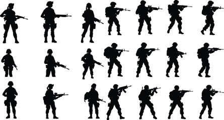 USA Army Soldier Silhouettes Against Sunset,Silhouettes of U.S. Army Soldiers in Action