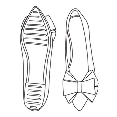 Women's Ballet Flat Shoes Line art, Technical sketch hand drawing outline vector doodle top and bottom view isolated on white background