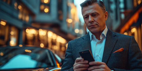 successful business man wears suit using smartphone, stands in front of sports car or electric car luxurious