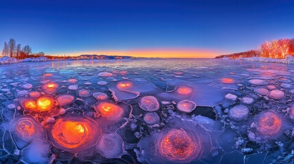 Frozen Lake with Panoramic Views and Cool Blue Light