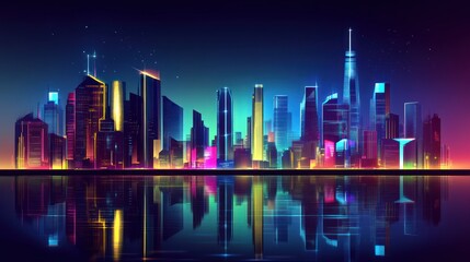 A vibrant, futuristic city skyline illuminated in neon colors, reflecting on calm waters.