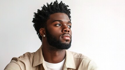 Obraz premium Serious Black Man in Casual Outfit Posing Thoughtfully Against a Light Background, Capturing Introspection and Style
