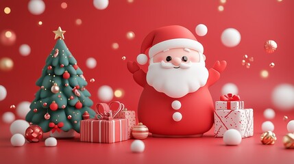 Minimalist 3D Christmas banner with Santa Claus and a tree on a red background, for the celebration of Happy New Year, sales, and discounts. 