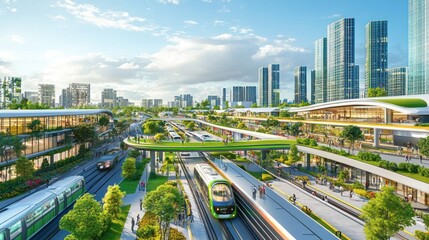 Fototapeta premium Futuristic urban landscape featuring green transport and modern architecture.