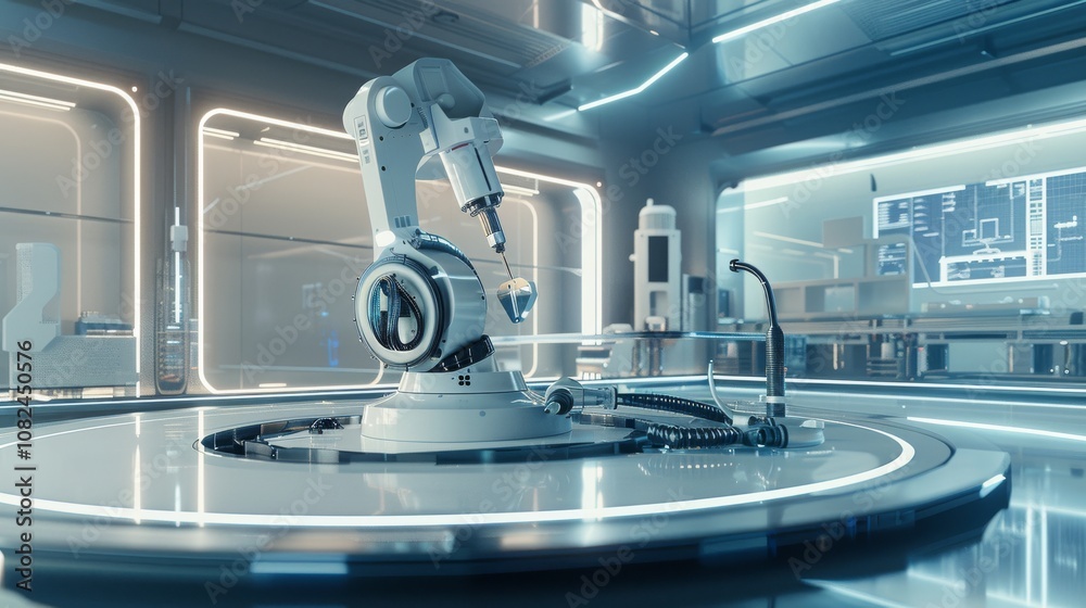 Aufkleber A tidy robotics building setup in a futuristic lab, Robotic parts and tools meticulously placed, Modern tech style