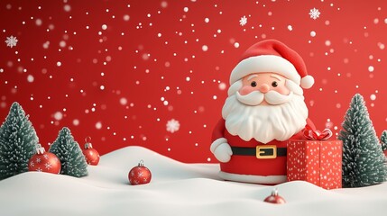 Minimalist 3D Christmas banner with Santa Claus and a tree on a red background, for the celebration of Happy New Year, sales, and discounts. 