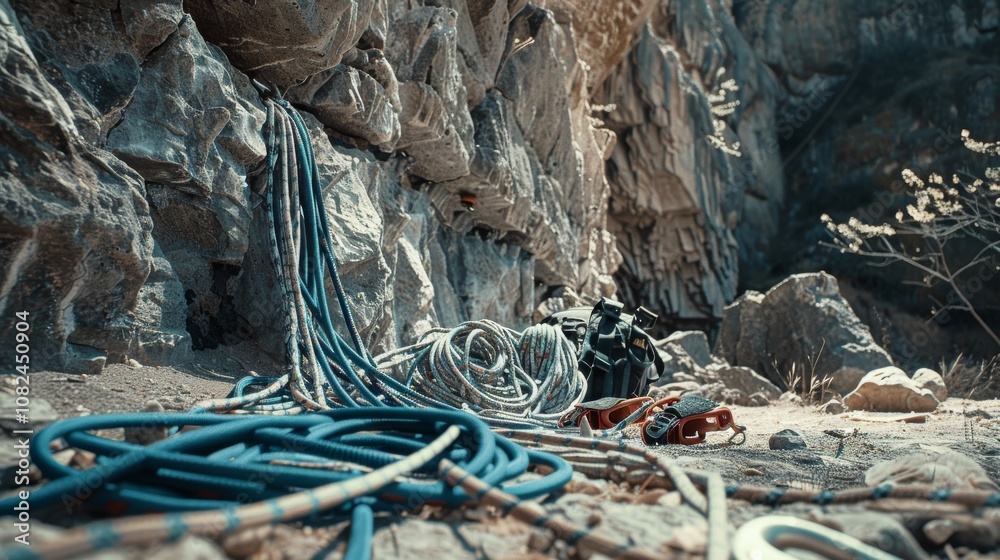 Poster a tidy rock climbing gear setup at the base of a cliff, climbing ropes and carabiners neatly placed,