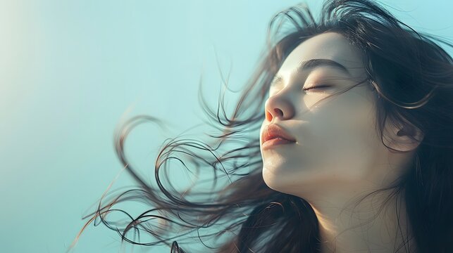 Harmonious Beauty: Woman's Peaceful Profile in a Clean, Fresh Aesthetic